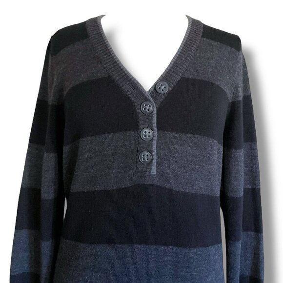 Smartwool Womens Sweater Sz Medium Gray Black Stripe Merino Wool Henley Stretch - Picture 2 of 8